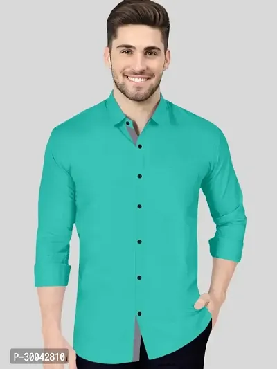 Reliable Green Cotton Blend Solid Long Sleeves Casual Shirt For Men-thumb0