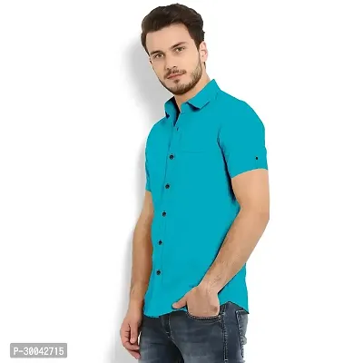 Reliable Blue Cotton Blend Solid Short Sleeves Casual Shirt For Men-thumb2