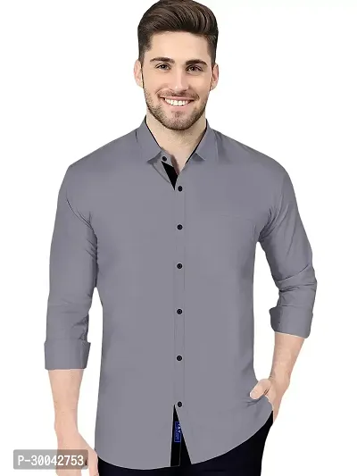 Reliable Grey Cotton Blend Solid Long Sleeves Casual Shirt For Men-thumb0