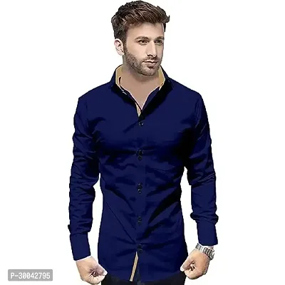 Reliable Navy Blue Cotton Blend Solid Long Sleeves Casual Shirt For Men-thumb0