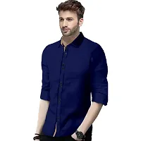 Reliable Navy Blue Cotton Blend Solid Long Sleeves Casual Shirt For Men-thumb1