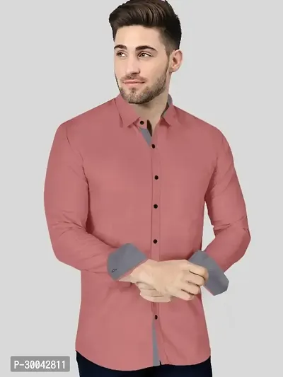 Reliable Peach Cotton Blend Solid Long Sleeves Casual Shirt For Men-thumb4