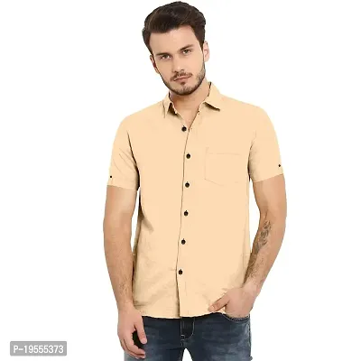 P  V Creations Men?s Slim Fit Solid Casual Cotton Shirt (Beige_Half-S)