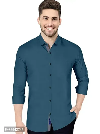 Reliable Blue Cotton Blend Solid Long Sleeves Casual Shirt For Men-thumb0