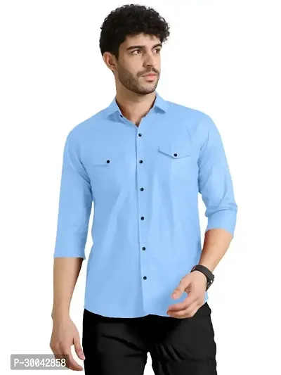 Reliable Blue Cotton Blend Solid Long Sleeves Casual Shirt For Men-thumb0