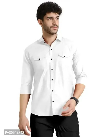 Reliable White Cotton Blend Solid Long Sleeves Casual Shirt For Men-thumb0