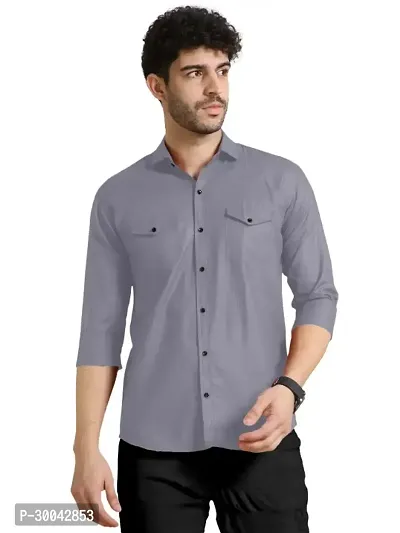 Reliable Grey Cotton Blend Solid Long Sleeves Casual Shirt For Men-thumb0