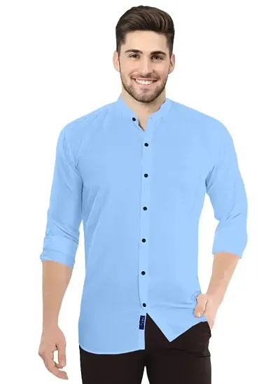 Men Regular Fit Solid Mandarin Collar Casual Shirt