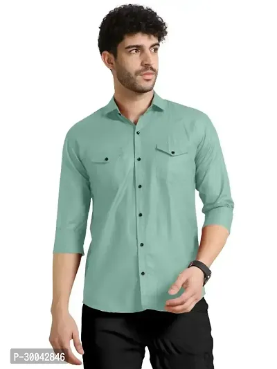 Reliable Green Cotton Blend Solid Long Sleeves Casual Shirt For Men-thumb0