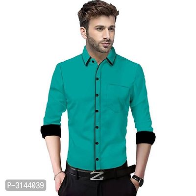 Men's Turquoise Cotton Long Sleeves Solid Slim Fit Casual Shirt