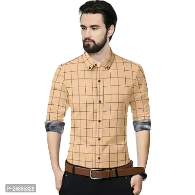 Mens Checked Cotton Long Sleeves Solid Slim Fit Casual Shirt-thumb0
