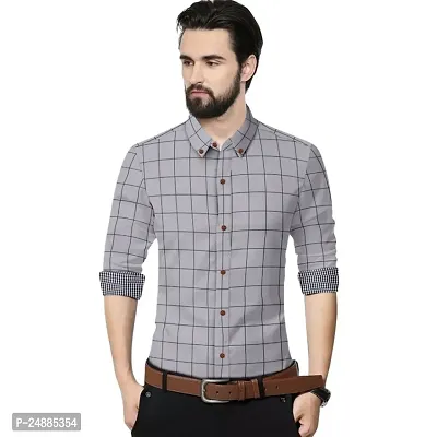 Mens Checked Cotton Long Sleeves Solid Slim Fit Casual Shirt
