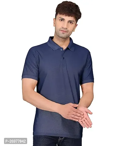 Trendy Navy Blue Cotton Solid Polos For Men