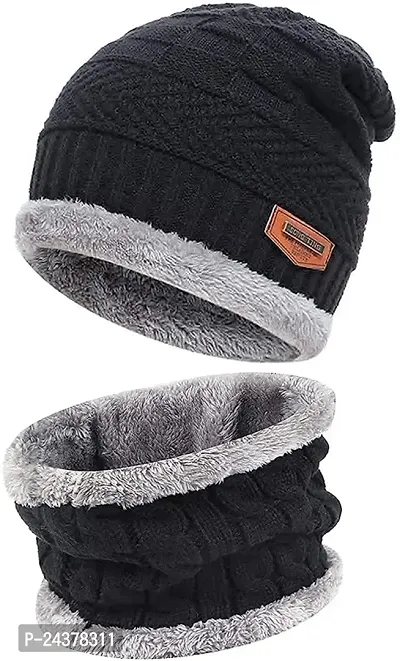 Classy Woolen Solid Beanie Cap with Neck Warmer for Unisex-thumb0