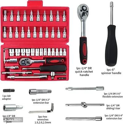 tool kit 46-Piece 1/4-Inch Socket Set with Quick-Release Ratchet, Screwdriver Kit, Extension for Manual Use on AutomobilesTrucks with Storage Case-thumb4