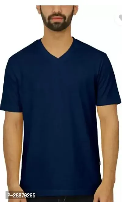 Reliable Navy Blue Cotton Solid V Neck Tees For Men-thumb0