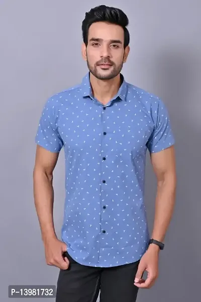 Mens Classic Printed Half Sleeves Blue Shirt