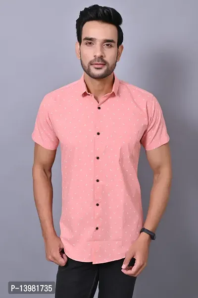 Men Cotton Printed Casual Half Sleeves Pink Shirt