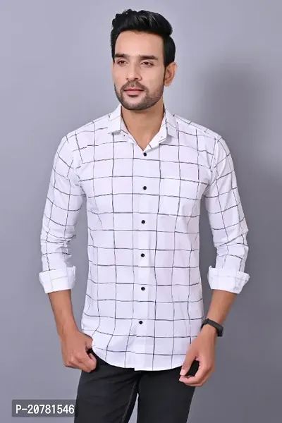 Tarun Collection Mens Slim Fit Full Sleeve White Color Check Print Casual Cotton Shirt.-thumb0