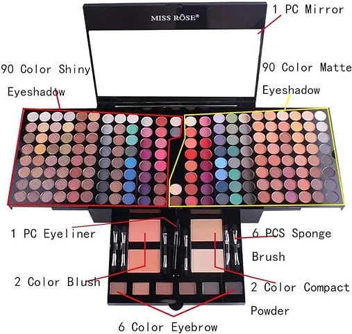 180 Colors Professional Eye Shadow Palette Makeup Set with Brush Mirror Shrink EyeShadow Cosmetic Makeup Case with Face Powder, Blush, Eyeliner, Eyebrow Powder, Mirror and Eyeshadow Brush