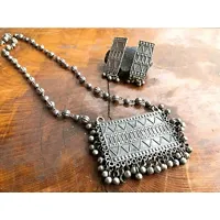 Hella Faishion Afghani Style Silver Oxidised Square Chain Pendant Necklace Set for Women  Girls-thumb1