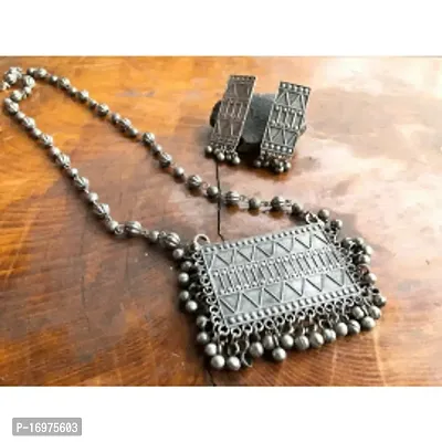 Hella Faishion Afghani Style Silver Oxidised Square Chain Pendant Necklace Set for Women  Girls-thumb2