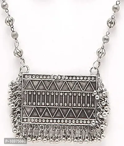 Hella Faishion Afghani Style Silver Oxidised Square Chain Pendant Necklace Set for Women  Girls-thumb3