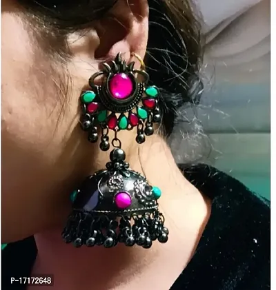 Hella Faishion Multi Colored Stones Black Metal Jhumka Earrings for womens and girls-thumb0
