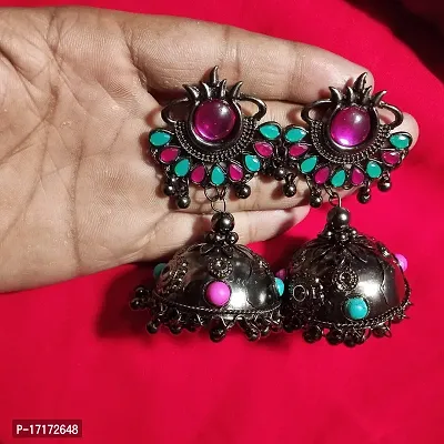 Hella Faishion Multi Colored Stones Black Metal Jhumka Earrings for womens and girls-thumb2