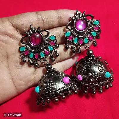 Hella Faishion Multi Colored Stones Black Metal Jhumka Earrings for womens and girls-thumb3