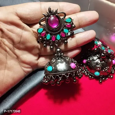 Hella Faishion Multi Colored Stones Black Metal Jhumka Earrings for womens and girls-thumb4