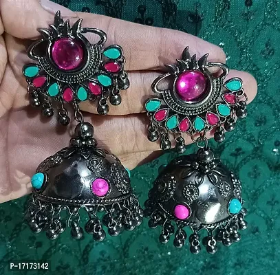 Hella Faishion Afgani Multicolor Oxidised German Silver Stone Studded Jhumka Earring for Women