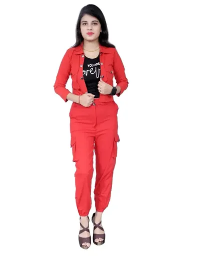 IMPORTED STRETCHABLE THREE PIECE DRESS. TOP CARGO TROUSER WITH JACKET