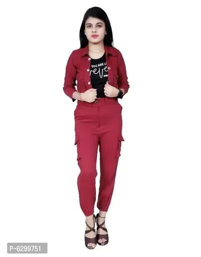 IMPORTED STRETCHABLE THREE PIECE DRESS. TOP CARGO TROUSER WITH JACKET-thumb0