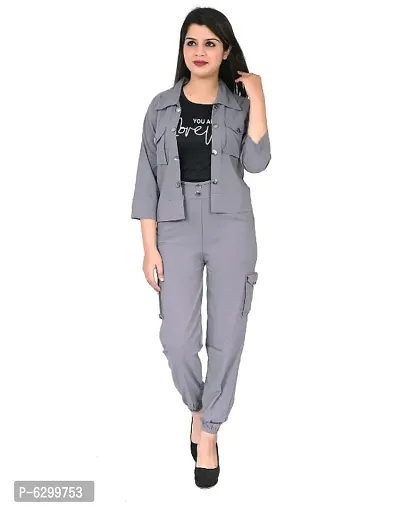 IMPORTED STRETCHABLE THREE PIECE DRESS. TOP CARGO TROUSER WITH JACKET-thumb0