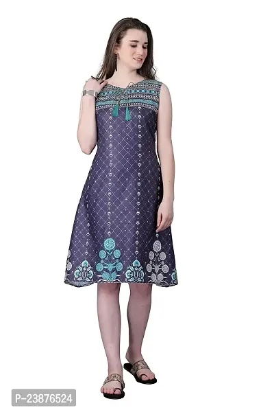Satinostitch Women's  Girl's Cotton Knee Length A-Line Indo Western Dress Printed Blue Sketer (M)-thumb0