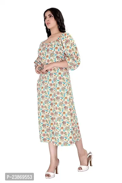 Satinostitch Women's Maxi/Full Length A-line Dress in Musline Flower Print with Square Neck and Puffy Sleeve Western Flared Dress (L) Cream-thumb3