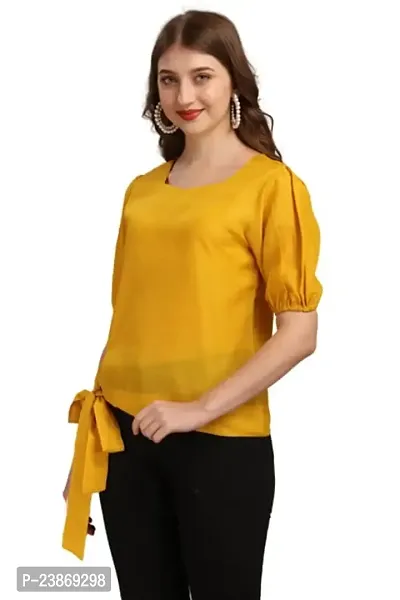 Satinostitch Muslin Fabric Front Tie Knot Short Sleeve Women's Top/Stylish Round Neck Slim Straight Fit Top for Women (Yellow) (Small)