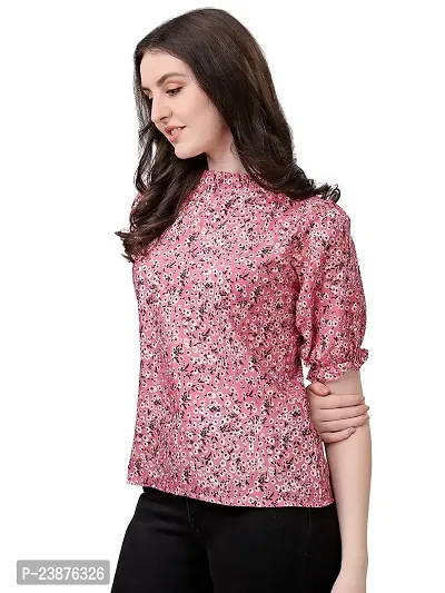 Satinostitch Women's Stylish Western Printed Poly Crepe Mock Neck Puff Sleeve Floral Top (Multicolor) (M)-thumb4