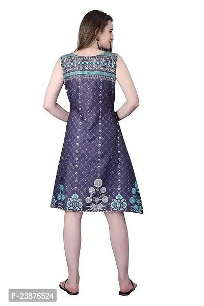 Satinostitch Women's  Girl's Cotton Knee Length A-Line Indo Western Dress Printed Blue Sketer (M)-thumb5