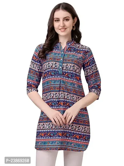 Satinostitch Women's Fancy Floral Print Short Kurti for Women| Printed American Crepe Kurta | V- Neck 3/4th Sleeves Short Kurti | Tunic Tops for Women for Women's (Blue)