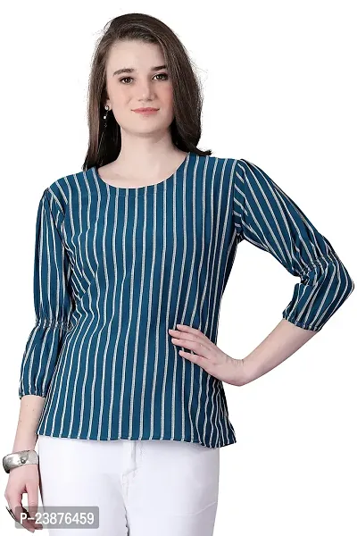 Satinostitch Womens Western Top Cotton Rayon Fabric Blue Striped 3/4 Puff Sleeve Blue Color(S,M,L,XL) (XL)