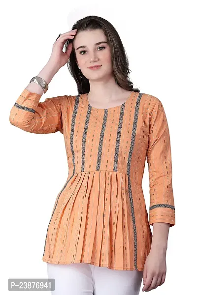 Satinostitch 's Casual Cotton Fabric with 3/4 Sleeves (Three Quarter Sleeve) Peach Color and Round Nack Pleated Designer Peplum Tops for Women `s (Peach) (M)