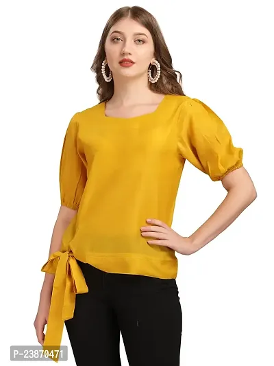 Satinostitch Muslin Fabric Front Tie Knot Short Sleeve Women's Top/Stylish Round Neck Slim Straight Fit Top for Women (Yellow) (Large)