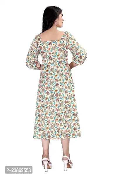 Satinostitch Women's Maxi/Full Length A-line Dress in Musline Flower Print with Square Neck and Puffy Sleeve Western Flared Dress (L) Cream-thumb5