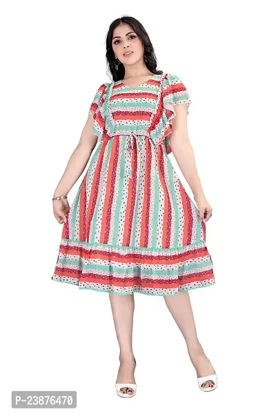 Satinostitch Women's Summer Casual Flutter Short Sleeves with Western Frills Pattern V Neck Knee Lenth-Long Midi Dress (M) Multicolour