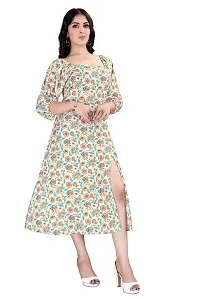 Satinostitch Women's Maxi/Full Length A-line Dress in Musline Flower Print with Square Neck and Puffy Sleeve Western Flared Dress (L) Cream-thumb3