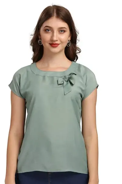 Satinostitch Women's Muslin Fabric Slim Straight Fit Short Sleeve Ladies Fancy Summer Top for Girl Stylish Latest Trendy Design Western (Green) (Large)