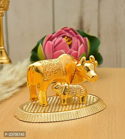 Kamdhenu Cow with Calf for Home and Office Temple Gift Item Puja Item Decorative Showpiece - 5 cm Metal Gold-thumb0