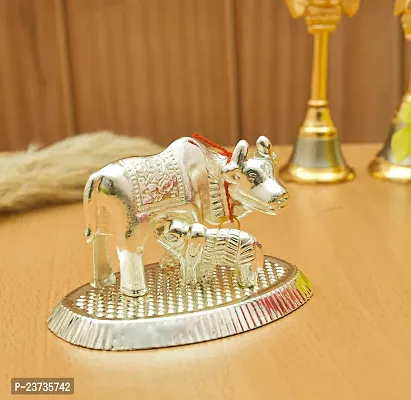 Kamdhenu Cow with Calf for Home and Office Temple Gift Item Puja Item Decorative Showpiece - 5 cm Metal Silver-thumb0